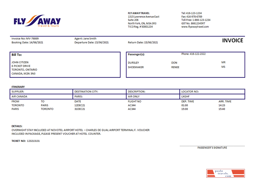 USA Fly Away Travel agency invoice PSD template